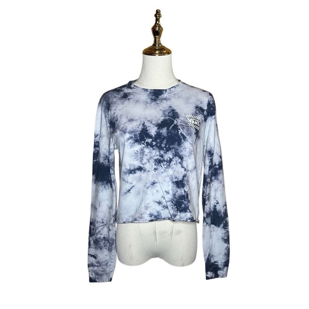 VANS Blue Tie Dye Long Sleeve Cropped T-shirts Size S Crew Neck Skatewear